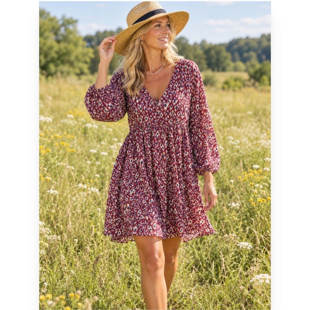 Umgee Mini Dress Womens XL Prairie Burgundy Blue Boho Cottagecore Fairy Festival